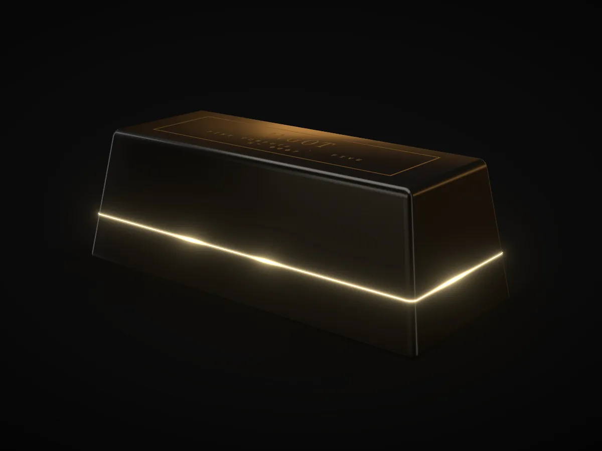Ingot Five, larger, in gloss black, with a line of light around it.